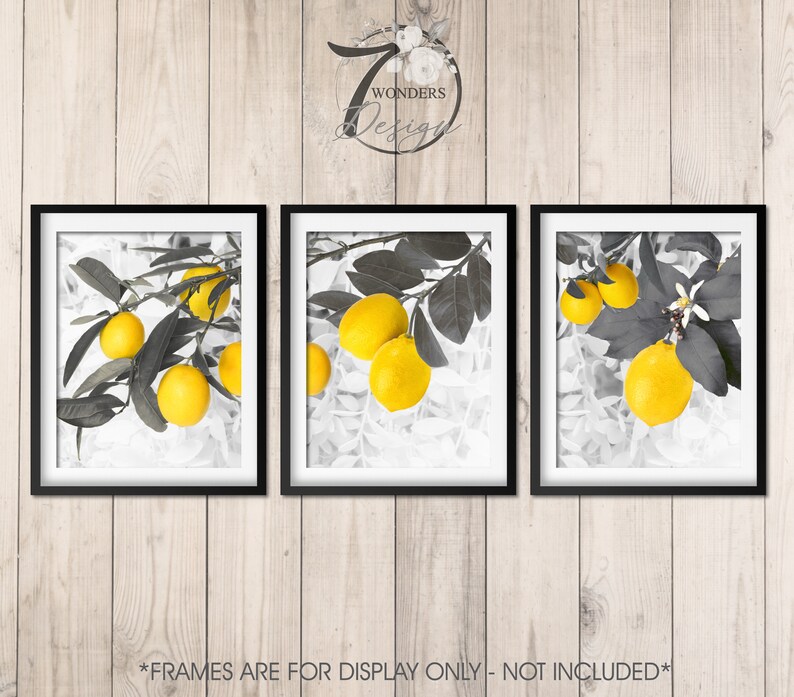 Kitchen Lemon Wall Art Prints Modern Farmhouse Yellow Gray Etsy