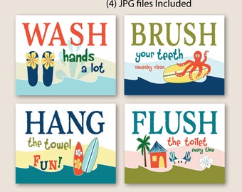 Childrens Kids Surf Beach Theme Bathroom Art Prints, Cute Fun - Wash Brush Hang Flush, Set of (4) 8x10" DIGITAL DOWNLOAD files