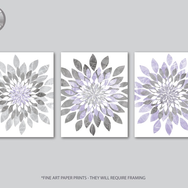 Modern Flower Bursts Neutral Colors Fine Art Print Gray, Light Purple Cottage, Home Bedroom Wall Art Set of (3) UNFRAMED Prints or Canvas