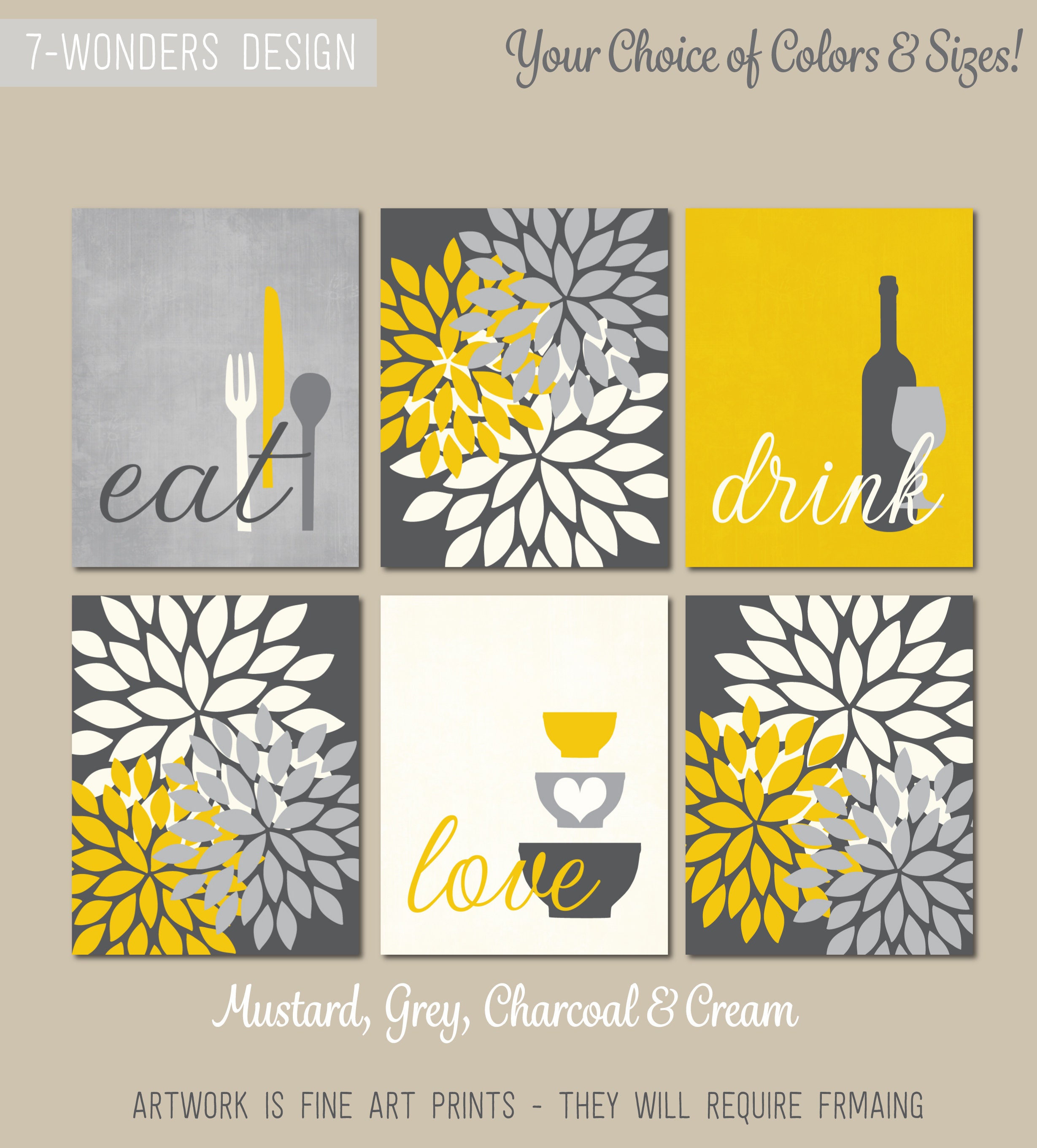 100+ kitchen art prints bundle, food & drink wall... Kitchen Wall Art Print Set, Eat Drink Love, Flower Bursts, Mustard ...