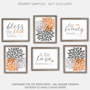 Modern Farmhouse Kitchen Wall Art Prints Bless the Food Before Us Flower Bursts Orange Gray Decor Set of (6) UNFRAMED Prints or Canvas