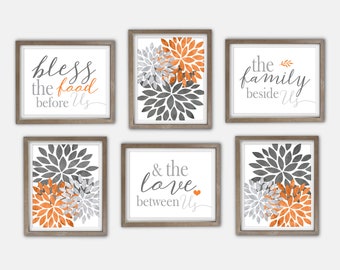 Modern Farmhouse Kitchen Wall Art Prints Bless the Food Before Us Flower Bursts Orange Gray Decor Set of (6) UNFRAMED Prints or Canvas