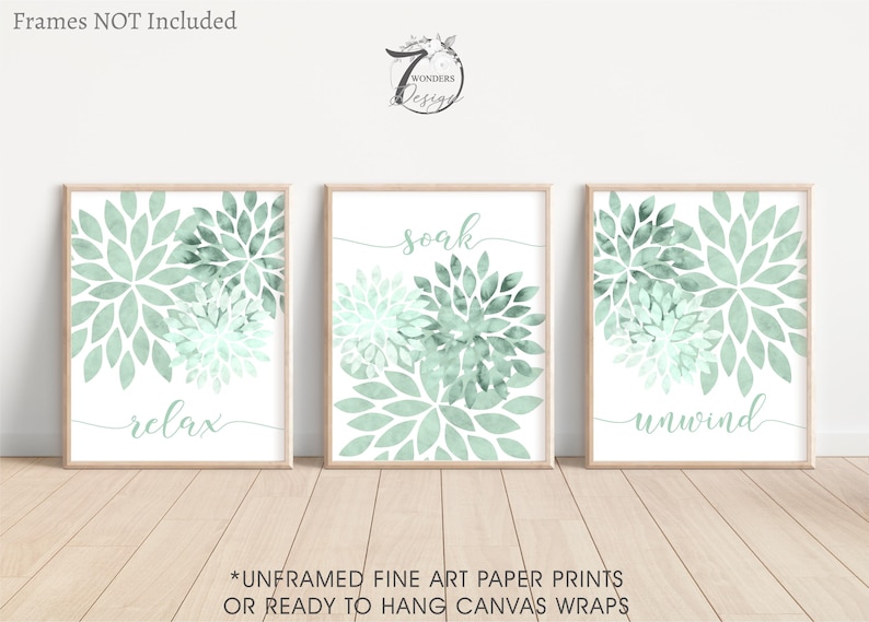 Relax Soak Unwind Bathroom Wall Art Mint Green Watercolor Dahlia Flower
