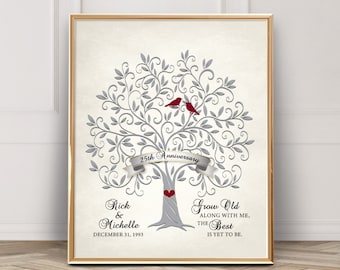 May include: A silver and red tree with two red birds perched on a branch. The tree has a heart at the base and a banner that says "25th Anniversary". The text below the tree reads "Rick & Michelle December 31, 1993 Grow Old Along With Me, The Best Is Yet To Be."