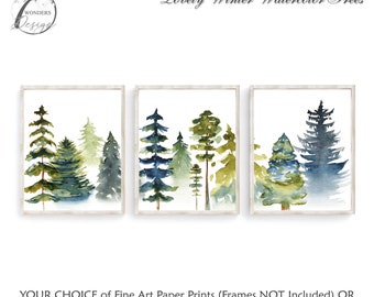 Winter Watercolor Evergreen Trees, Green Blue Winter Wall Art Prints Modern Home Decor Artwork Set of (3) Unframed Paper Prints or Canvas