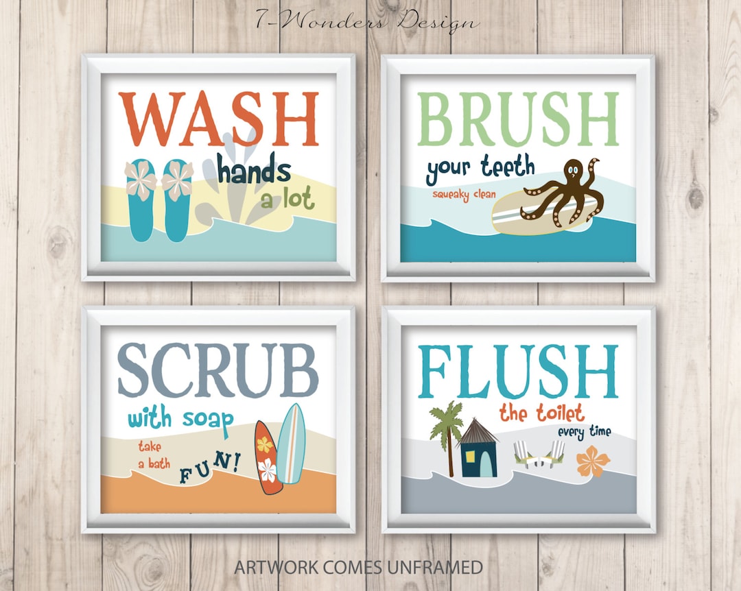 Childrens Kids Surf Beach Theme Bathroom Art Prints Kids Bathroom Art ...