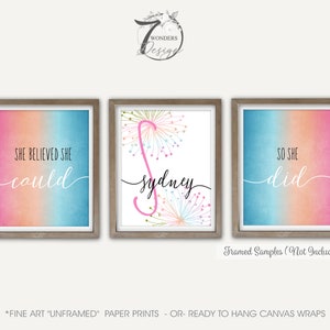 Girls Blue Pink Peach Personalized Name Initial Art Prints She Believed She Could So She Did Teen Bedroom Set of 3 UNFRAMED Prints or Canvas image 2