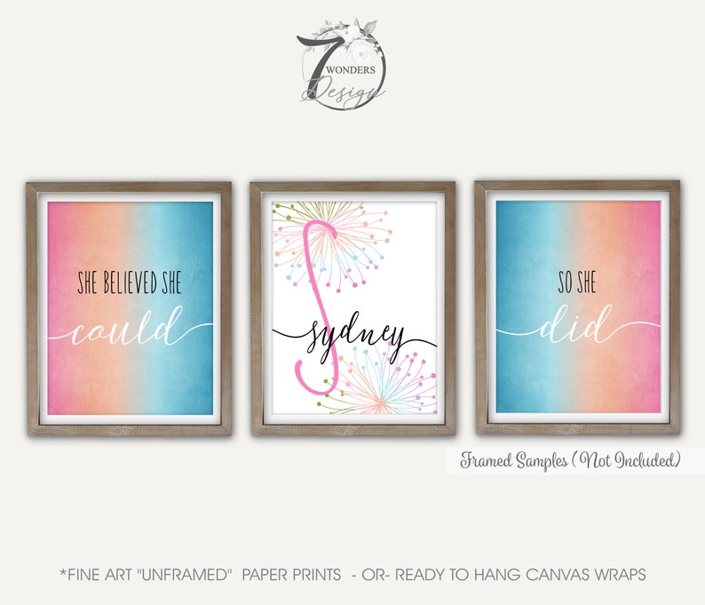 Girls Blue Pink Peach Personalized Name Initial Art Prints She Believed She Could So She Did Teen Bedroom Set of 3 UNFRAMED Prints or Canvas image 2