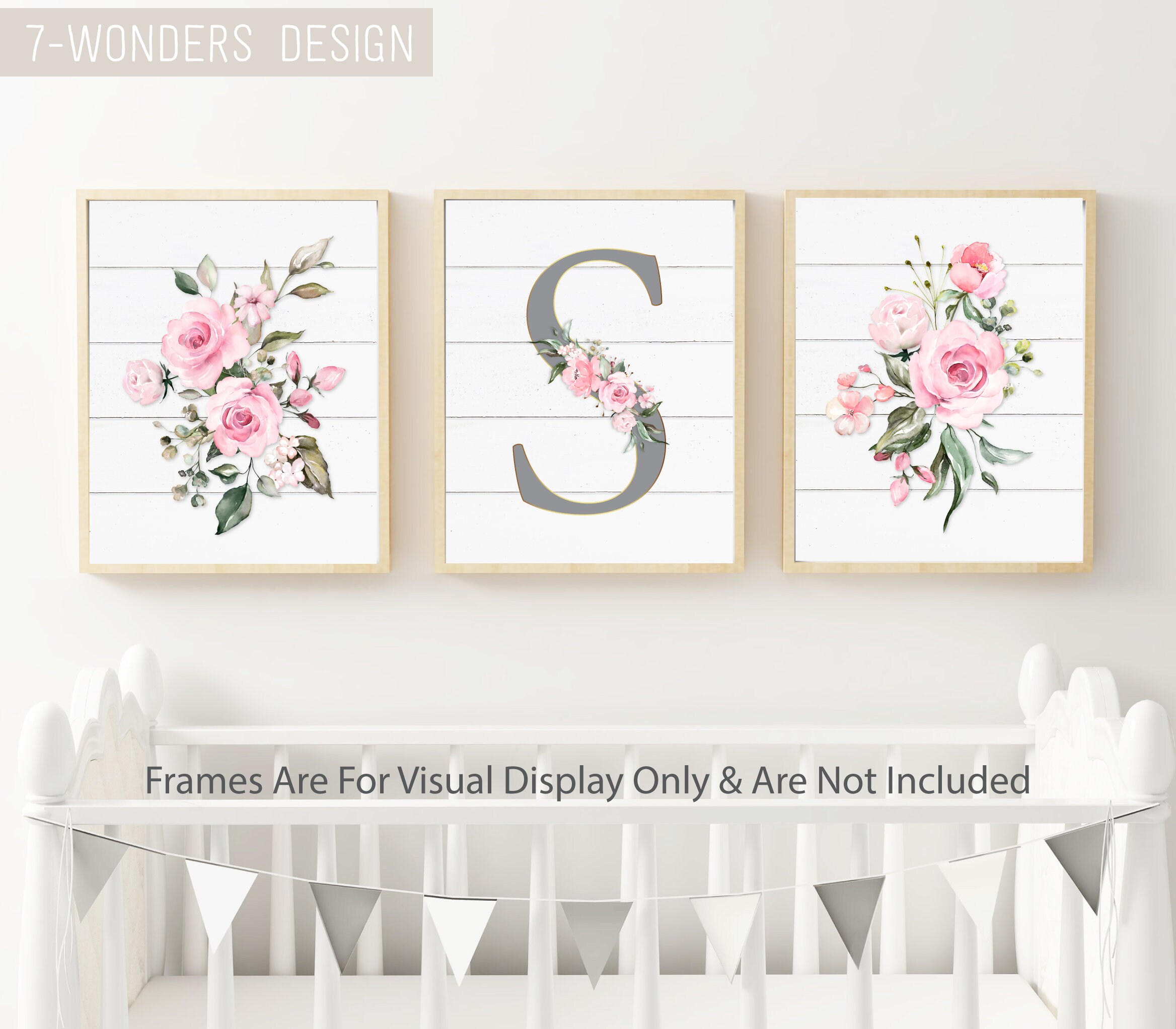 Girls Farmhouse Watercolor Floral Personalized Wall Art Faux Wood Pink ...