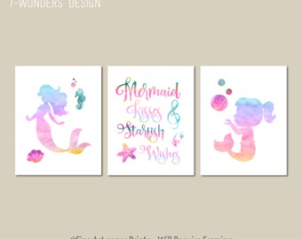 Mermaid Kisses Starfish Wishes Art Prints, Girls Nursery Bathroom Bedroom Decor, Cupcake Pink Rainbow Watercolor, Set of (3) Prints UNFRAMED