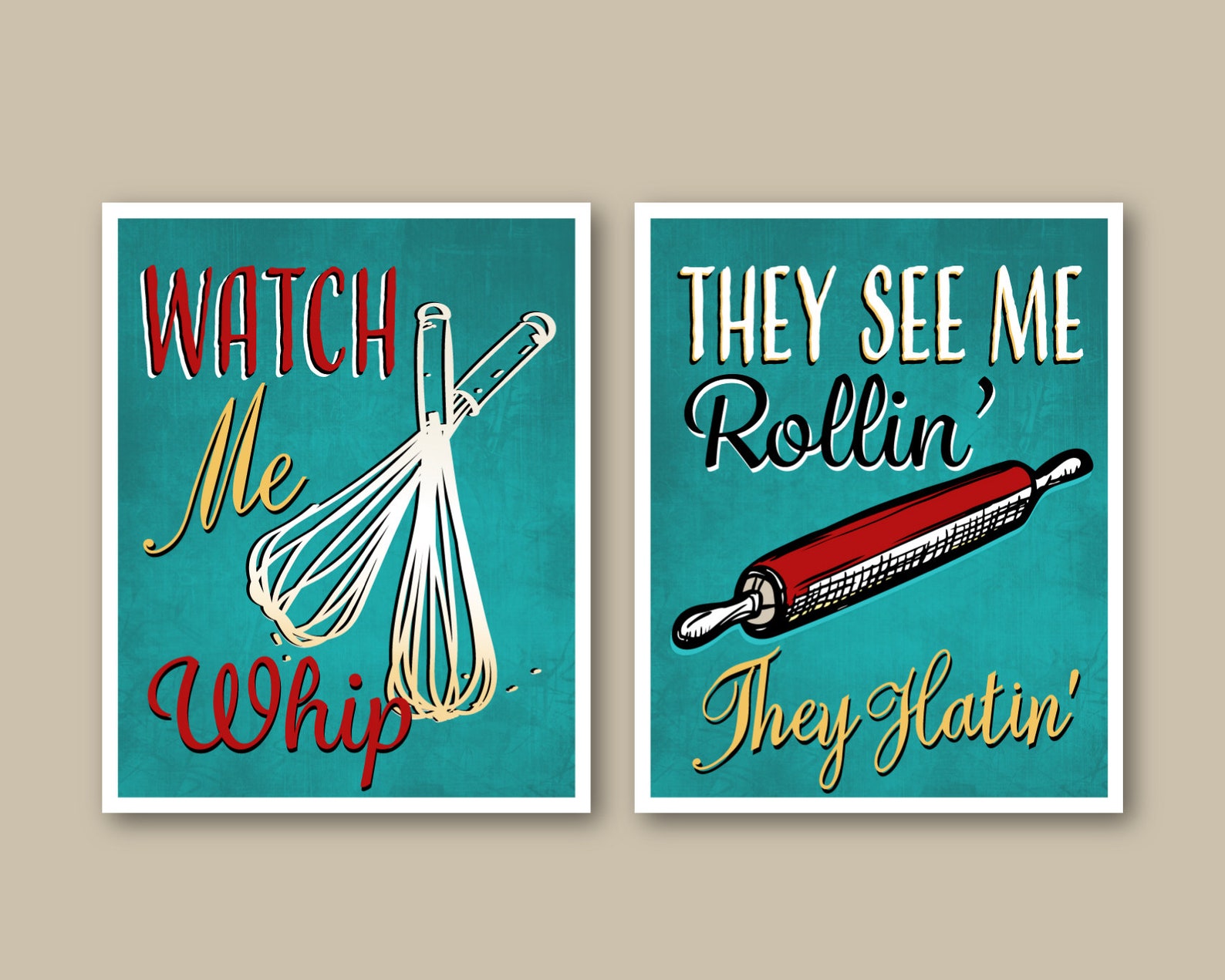 Funny Teal Red Kitchen Art Print Set of 4 Bakers Cupcake Whisk Etsy