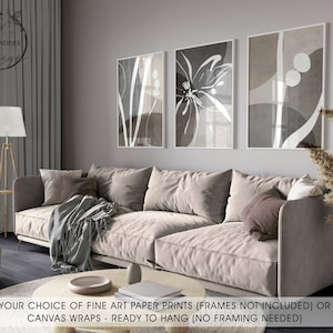 Láminas de arte abstracto escandinavo en tonos grises, beige, marrón y tostado neutros, estilo bohemio rústico. Juego de 3 láminas o lienzos SIN MARCO.