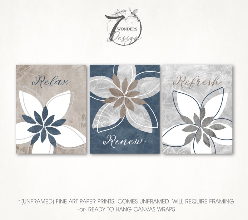 May include: Three unframed canvas prints with a floral design in shades of blue, gray, and white. The prints feature the words "Relax", "Renew", and "Refresh".