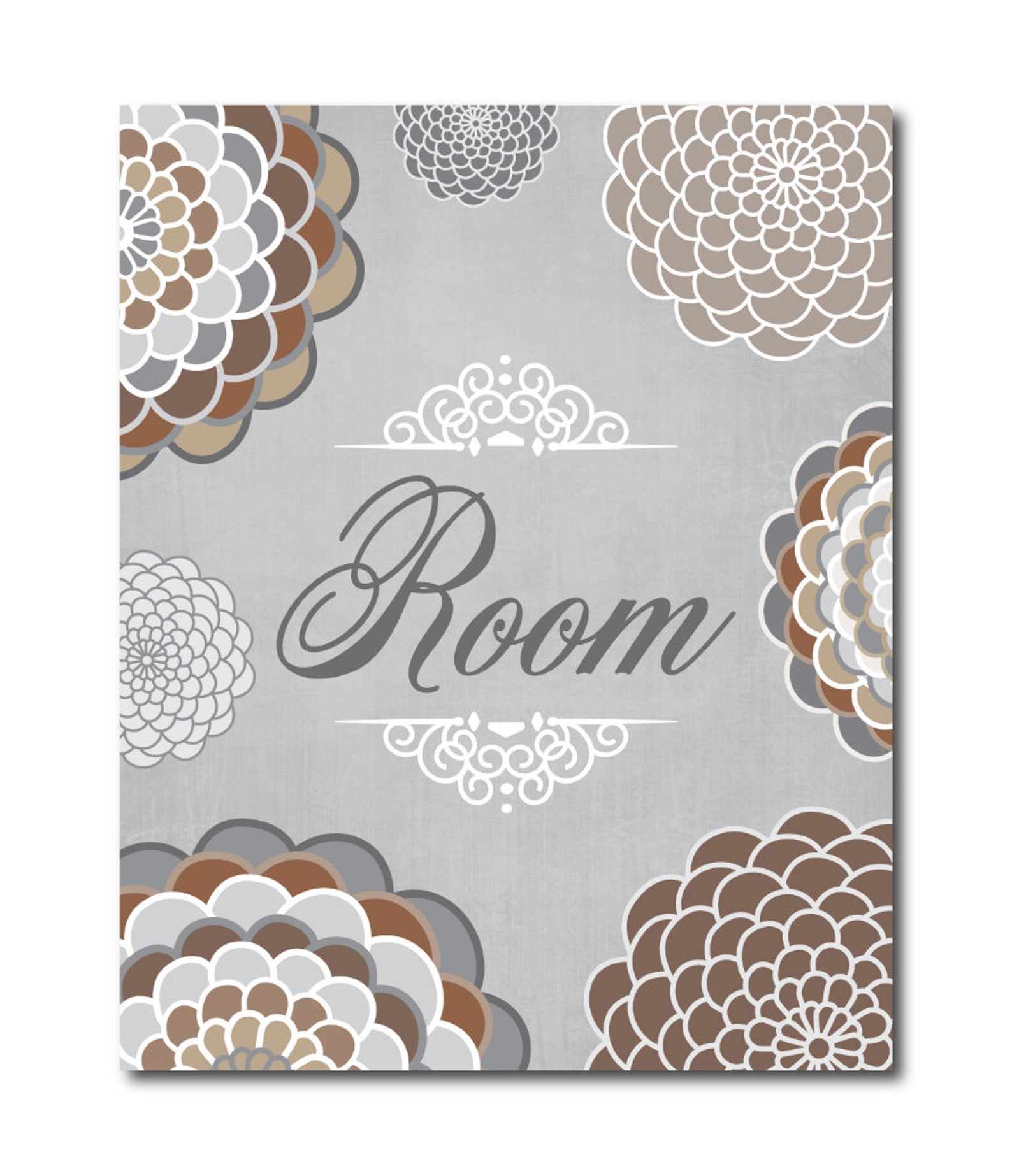 Bathroom Powder Room Art Prints Flower Hand Drawn Mums Brown Etsy