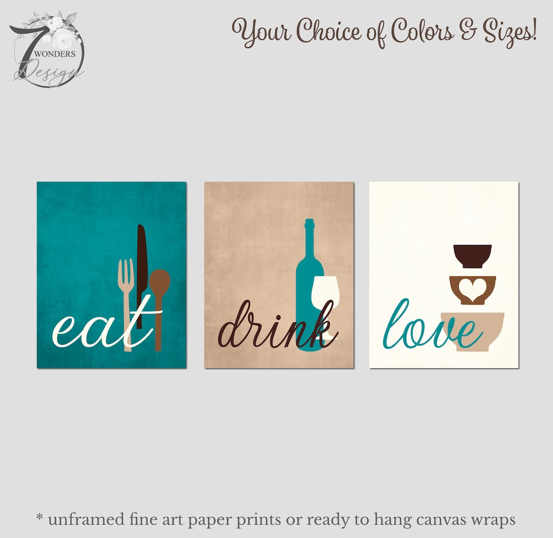 kitchen art personalized prints - utensils, cups,... Kitchen Wall Art Print Set Eat Drink Love Utensils Wine Bowls Teal ...