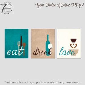 Kitchen Wall Art Print Set Eat Drink Love Utensils Wine Bowls Teal Brown Beige Cream Neutral Decor Set of (3) Unframed Prints or Canvas