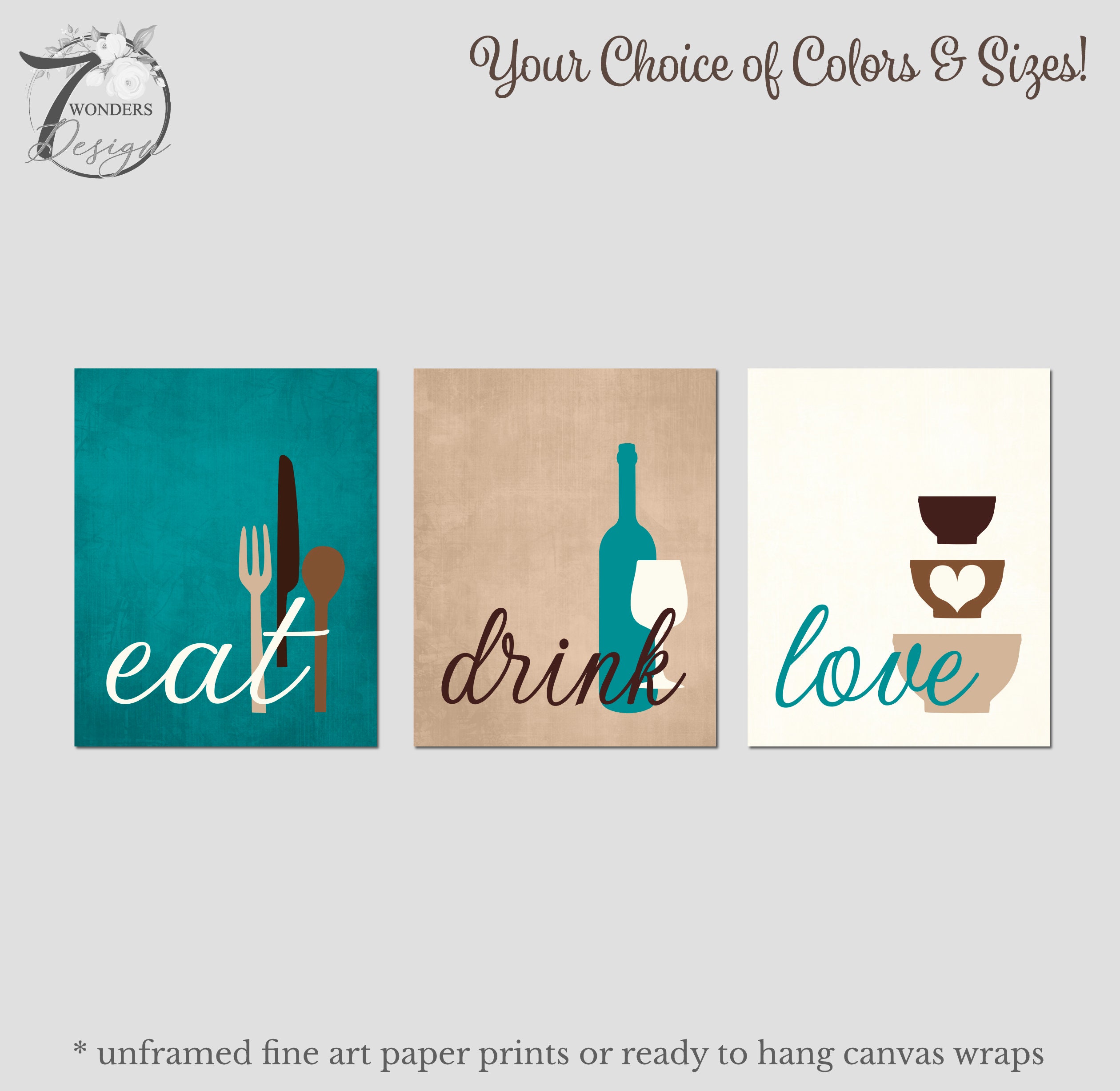 art prints set of 3 for kitchen - etsy Images High... Kitchen Wall Art Print Set Eat Drink Love Utensils Wine Bowls Teal ...