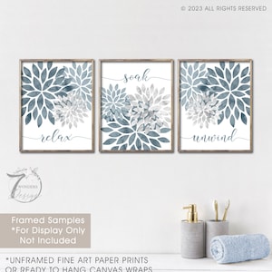 Relax Soak Unwind Flower Bursts Bathroom Art Slate Blue Gray Watercolor Modern Decor Set of 3 Unframed Fine Art paper Prints OR Canvas Wraps