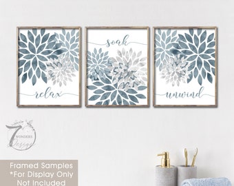 Relax Soak Unwind Flower Bursts Bathroom Art Slate Blue Gray Watercolor Modern Decor Set of 3 Unframed Fine Art paper Prints OR Canvas Wraps