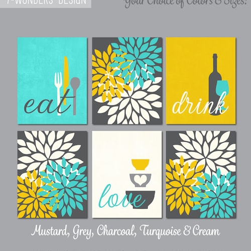 Yellow Gray Kitchen Wall Art Eat Drink Love Prints or Canvas Etsy