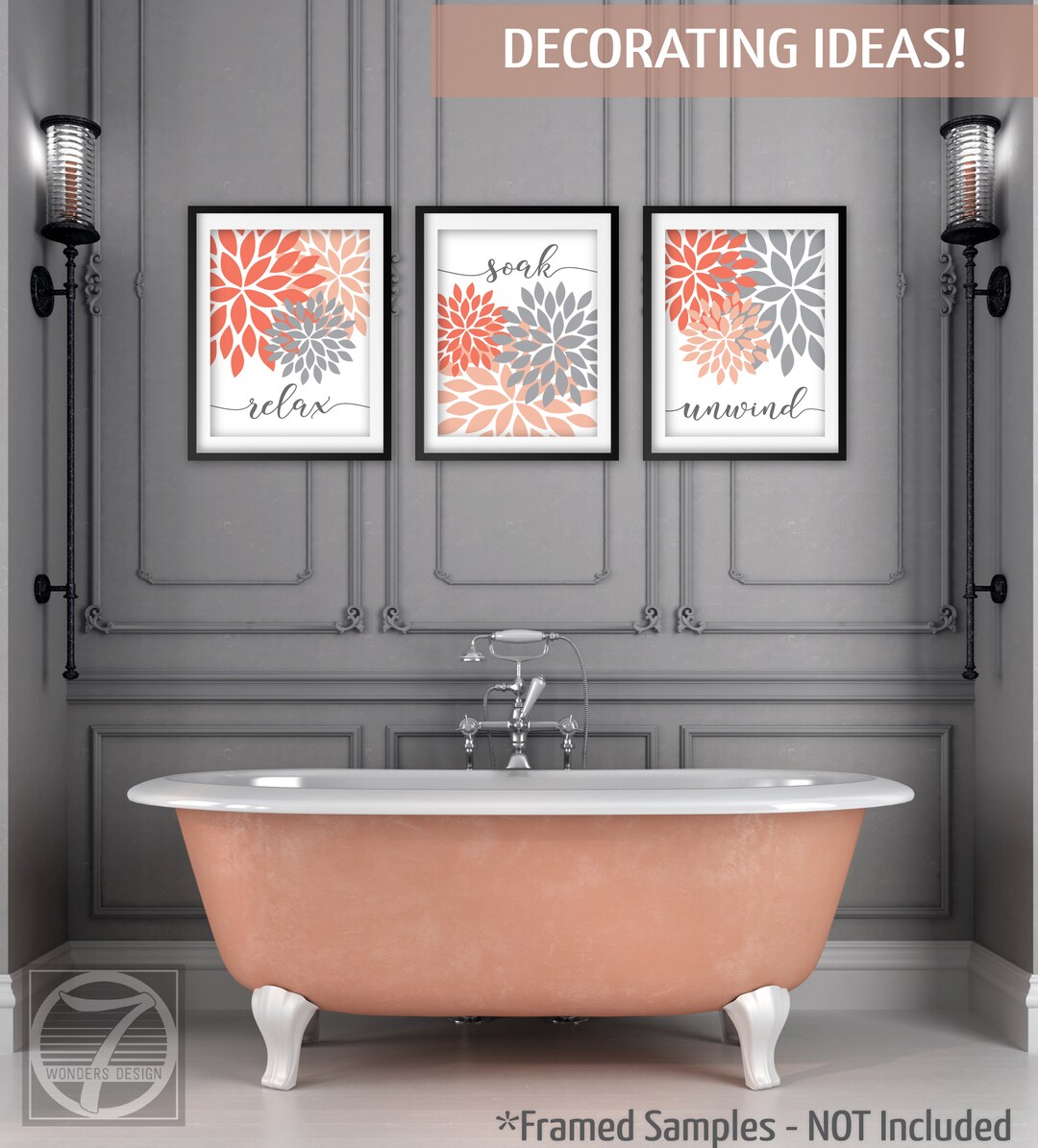 クンストラーゼン モンドリアン Soak Up Art When You Can Relax Soak Unwind Flower Bursts Bathroom Art Prints Coral Peach