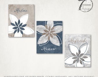 Relax Renew Refresh Distressed Flower Bursts Bathroom Art Indigo Blue Light Gray Beige Home Decor Set of 3, UNFRAMED Prints OR Canvas Wraps
