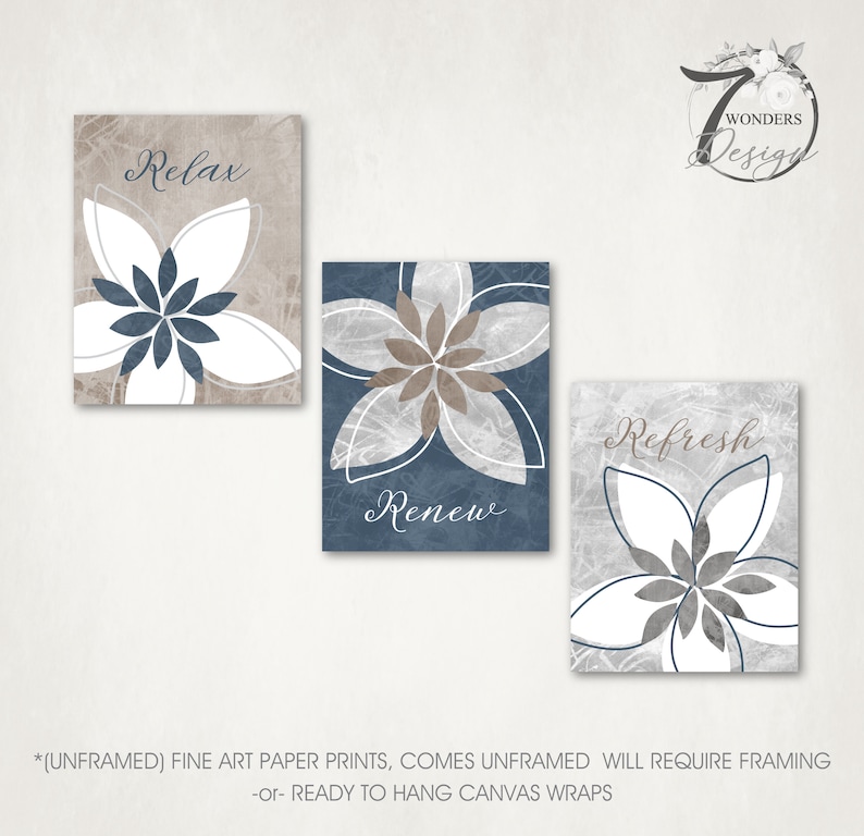 May include: Set of three unframed canvas prints with a floral design in shades of blue, brown, and white. The prints feature the words "Relax", "Renew", and "Refresh".