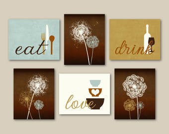 Kitchen Wall Art Print Set, Eat Drink Love, Dandelions, Brown Seafoam Light Cream, Modern Kitchen Decor Set of (6) UNFRAMED Prints or Canvas