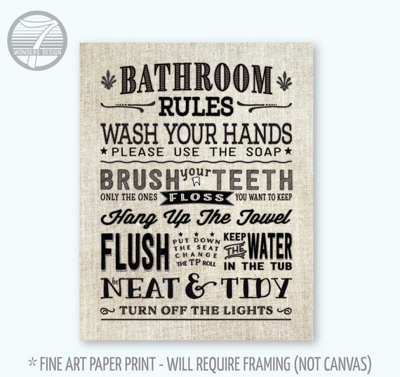 Rustic Vintage Bathroom Sign Burlap Print Sign UNFRAMED Bathroom Rules
