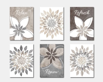 Farmhouse Neutral Flowers Bathroom Art, Relax Renew Refresh Beige Gray Brown, Modern Cottage Decor Set of 6 Unframed Prints OR Canvas