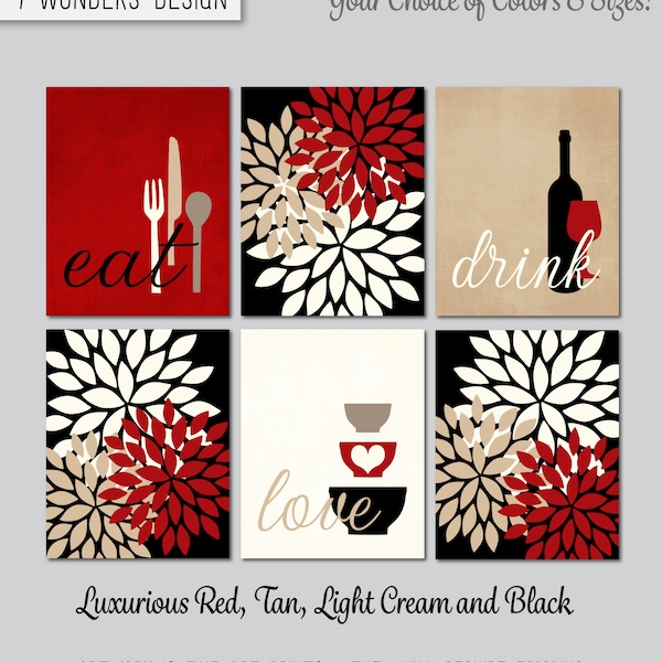 Kitchen Wall Art Print Set, Eat Drink Love, Flower Bursts  Red, Tan, Black, Cream, Modern Decor, Set of (6) UNFRAMED Prints or Canvas