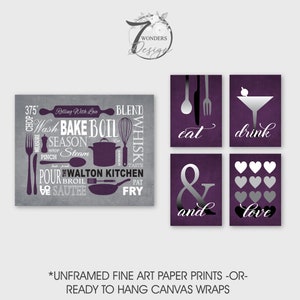 Personalized Subway Kitchen Art Prints Eat Drink & Love Purple Eggplant Gray Black Decor Martini Glass Set of (5) UNFRAMED Prints or Canvas