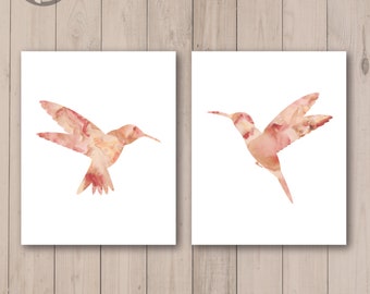 Girls Baby Nursery bedroom Watercolor Hummingbird Wall Art Prints Set of (2) 5x7, 8x 10 or 11x14, Ursula Peach Artwork Decor, Unframed