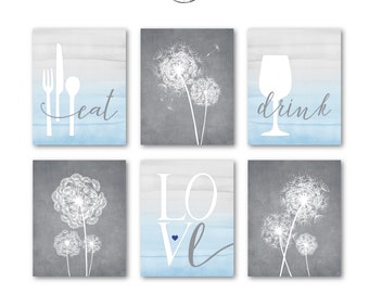 Kitchen Wall Art Print Set, Eat Drink Love,  Light Blue Grey Dandelion Art, Dining Room Decor, Kitchen Set of (6) UNFRAMED Prints or Canvas