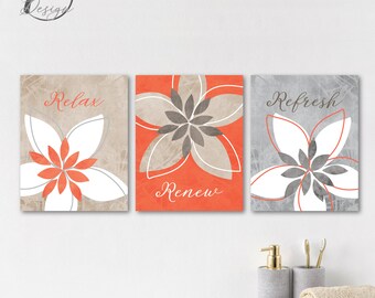 Relax Renew Refresh Distressed Flower Bursts Bathroom Art Coral Light Gray Beige Brown Home Decor Set of 3, Unframed Prints OR Canvas Wraps