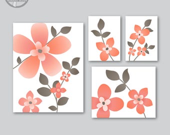 Pink Coral Peach Abstract Flower Art Set Dust Brown Leaves Bedroom Bathroom Floral Wall Art Decor Set of (4) Unframed Paper Prints or Canvas