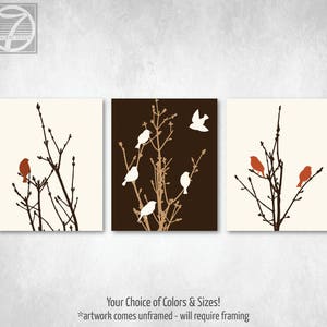 Birds on Tree Branches Art Prints Modern Home Decor Brown, Beige, Burnt, Cream Bird Art Set of (3) UNFRAMED Paper Prints or Canvas