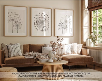 Neutral Minimalist Dandelion Art Prints Modern Unique Abstract Flower Gray Beige Wall Decor Set of (3) UNFRAMED Paper Prints or Canvas
