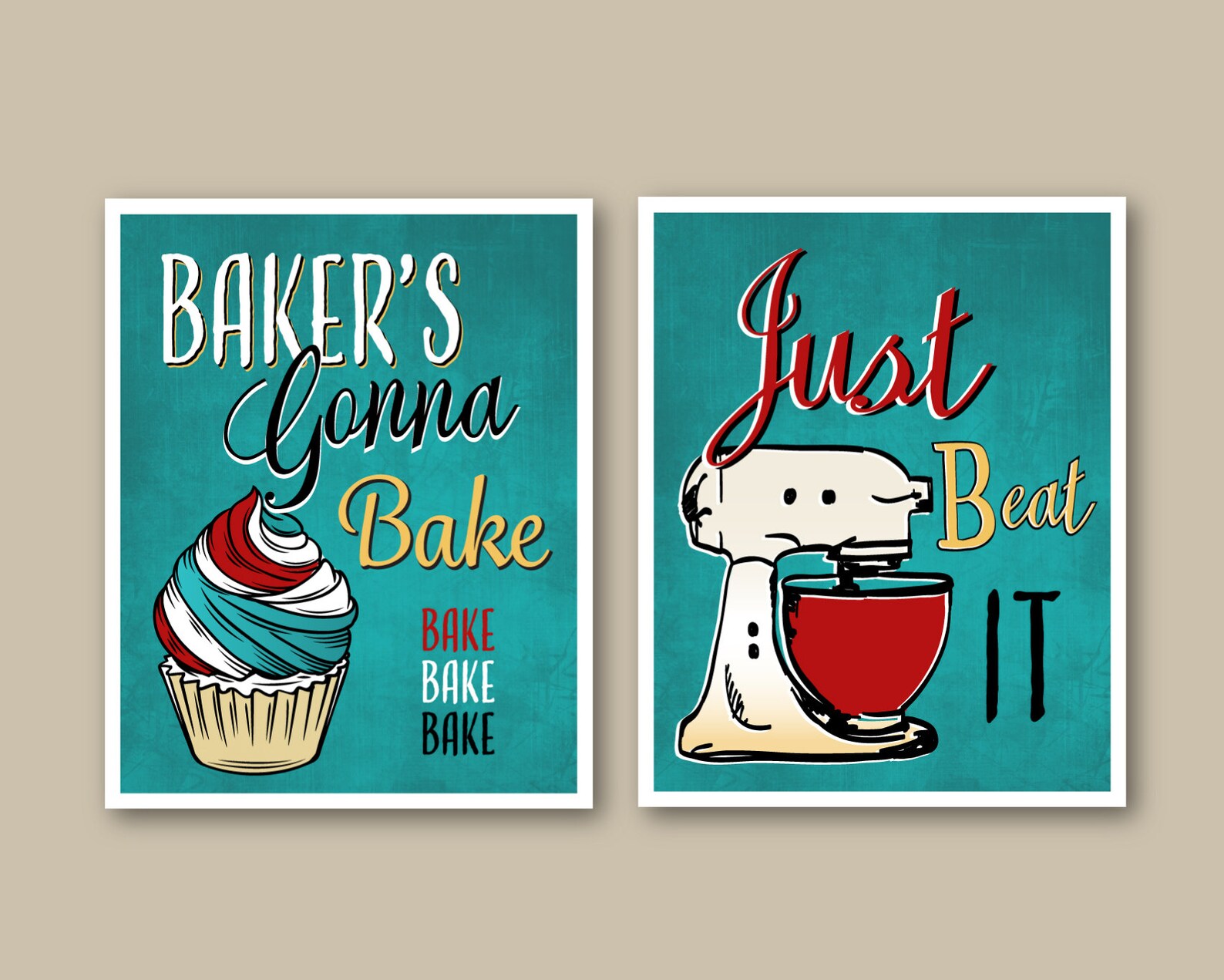 Funny Teal Red Kitchen Art Print Set of 4 Bakers Cupcake Whisk Etsy
