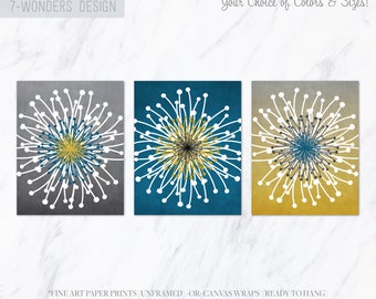 Dandelion Wall Art Prints Grey Teal Mustard Yellow Modern Abstract Flower Home Wall Art DecorSet of (3) Unframed Paper Prints or Canvas