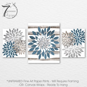 Modern Flower Bursts Fine Art Print set Neutral Gray Beige Storm Blue Farmhouse Cottage Home Decor, Set of 3 Unframed Prints or Canvas