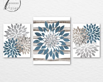Modern Flower Bursts Fine Art Print set Neutral Gray Beige Storm Blue Farmhouse Cottage Home Decor, Set of 3 Unframed Prints or Canvas
