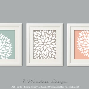 Neutral Flower Bursts Art Prints, Dahlia Artwork Peach Seafoam Khaki Bedroom Bathroom Home Decor Set of (3) Unframed Paper Prints or Canvas