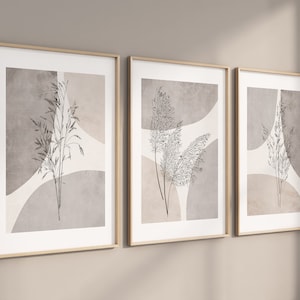 Neutral Scandinavian Abstract Wall Art Prints Beige Gray Cream Boho Pampass Grass Farmhouse Wall Decor Set of 3 UNFRAMED Prints or Canvas