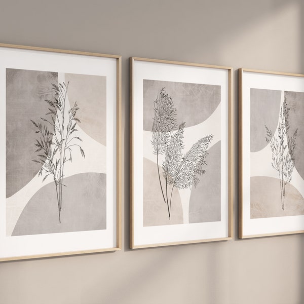 Scandinavian Abstract Fine Art Prints Beige Gray Cream Neutral Boho Pampass Grass Farmhouse Wall Decor Set of 3 UNFRAMED Prints or Canvas