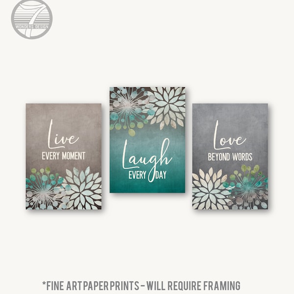 Live Laugh Love Wall Art, Cottage Beach Farmhouse Floral, Teal Grey Fine Art Print Home Decor Set of (3) UNFRAMED Paper Prints or Canvas