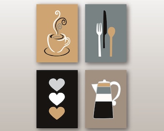 Modern Kitchen Art Prints, Coffee Utensils Hearts, Black, Neutral White Grey Beige, Kitchen Artwork, Set of (4) Unframed Prints or Canvas