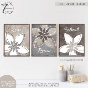 Farmhouse Neutral Flowers Bathroom Art, Relax Renew Refresh Beige Gray Brown, Modern Cottage Decor Set of 3 Unframed Prints OR Canvas