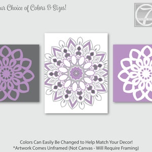 Lavender Gray Mandala Flower Art Prints, Floral Geometric Wall Art Set of (3) 2 Size Options // Grey Purple, Modern Home Decor, Unframed