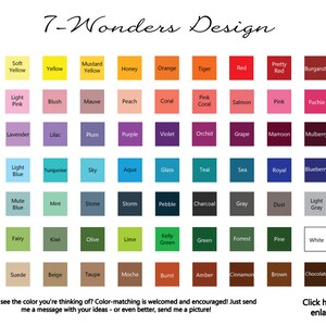 May include: A color chart with 72 different color swatches, each labeled with a name. The chart is organized into rows and columns, with the colors arranged in a rainbow pattern. The chart is titled "7-Wonders Design".